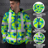Hi Vis Zip Hoodie Reflective Tapes Blue Neon And Green Flowers Custom Name Safety Workwear For Workers, Truckers, Operators
