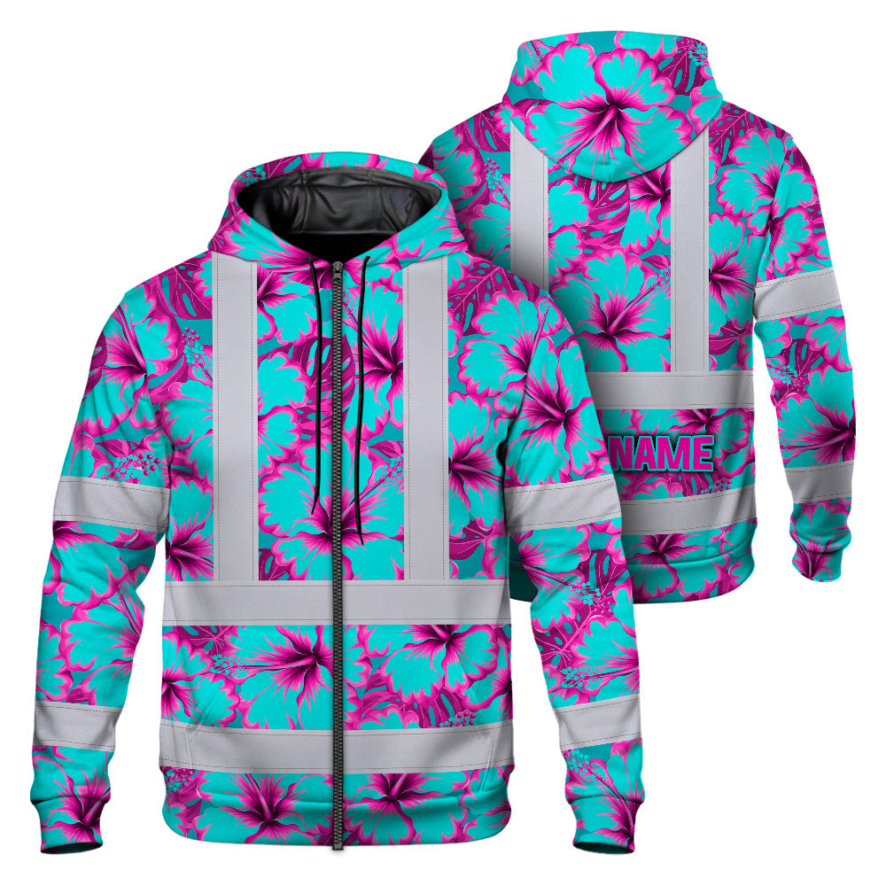 Hi Vis Zip Hoodie Reflective Tapes Blue Neon And Pink Flowers Custom Name Safety Workwear For Workers, Truckers, Operators