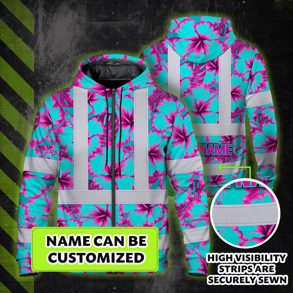 Hi Vis Zip Hoodie Reflective Tapes Blue Neon And Pink Flowers Custom Name Safety Workwear For Workers, Truckers, Operators