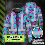 Hi Vis Zip Hoodie Reflective Tapes Blue Neon And Pink Flowers Custom Name Safety Workwear For Workers, Truckers, Operators