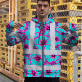 Hi Vis Zip Hoodie Reflective Tapes Blue Neon And Pink Flowers Custom Name Safety Workwear For Workers, Truckers, Operators