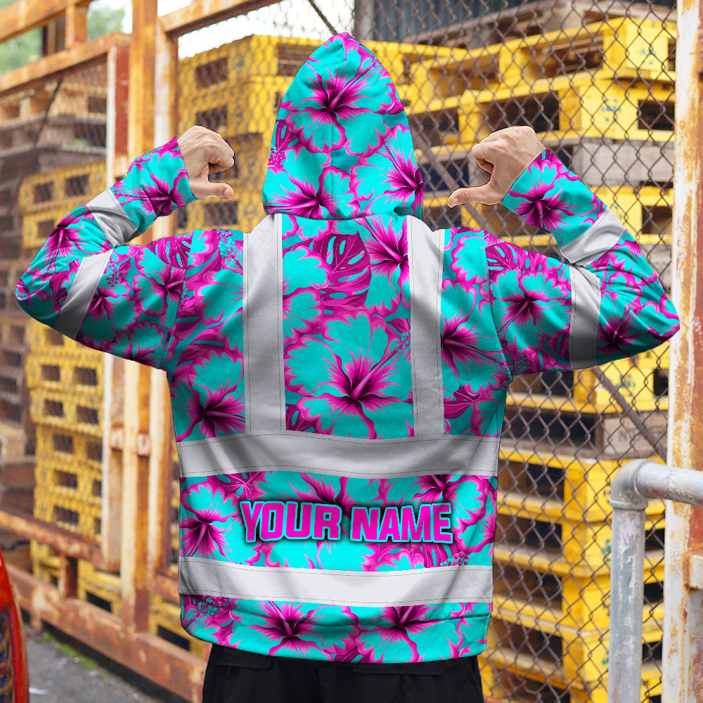 Hi Vis Zip Hoodie Reflective Tapes Blue Neon And Pink Flowers Custom Name Safety Workwear For Workers, Truckers, Operators