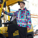 Hi Vis Zip Hoodie Reflective Tapes Blue Neon And Pink Flowers Custom Name Safety Workwear For Workers, Truckers, Operators