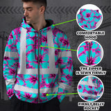 Hi Vis Zip Hoodie Reflective Tapes Blue Neon And Pink Flowers Custom Name Safety Workwear For Workers, Truckers, Operators