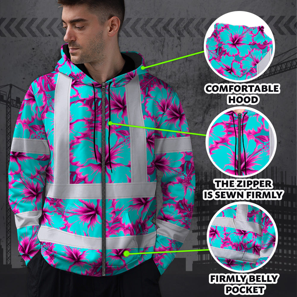 Hi Vis Zip Hoodie Reflective Tapes Blue Neon And Pink Flowers Custom Name Safety Workwear For Workers, Truckers, Operators