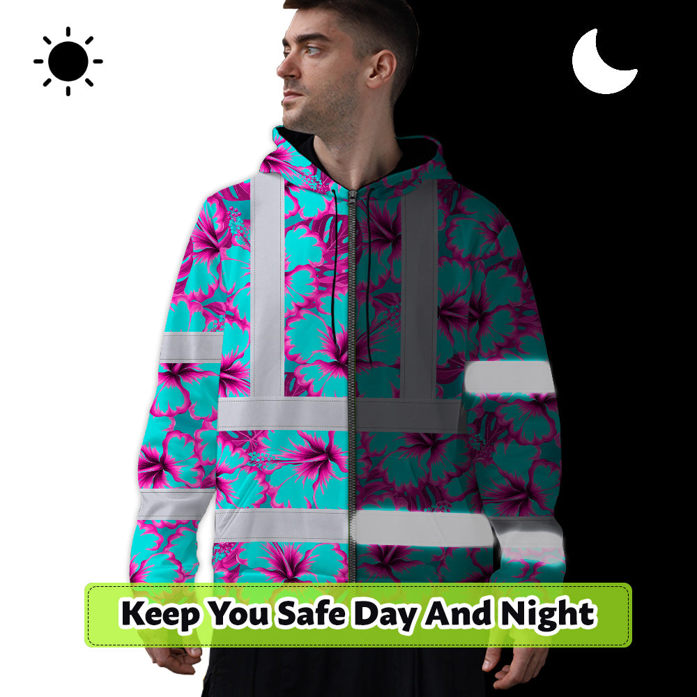 Hi Vis Zip Hoodie Reflective Tapes Blue Neon And Pink Flowers Custom Name Safety Workwear For Workers, Truckers, Operators