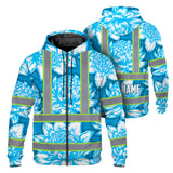 Hi Vis Zip Hoodie Reflective Tapes Blue Neon White Protea Custom Name Safety Workwear For Workers, Truckers, Operators