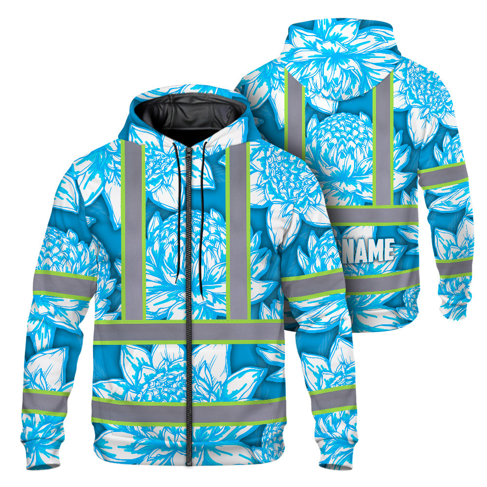 Hi Vis Zip Hoodie Reflective Tapes Blue Neon White Protea Custom Name Safety Workwear For Workers, Truckers, Operators