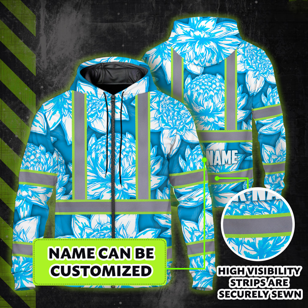 Hi Vis Zip Hoodie Reflective Tapes Blue Neon White Protea Custom Name Safety Workwear For Workers, Truckers, Operators