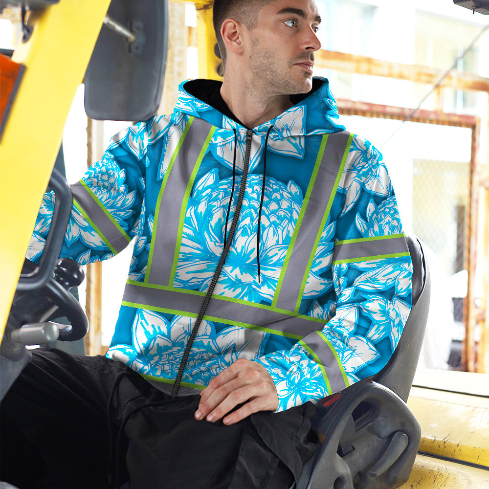 Hi Vis Zip Hoodie Reflective Tapes Blue Neon White Protea Custom Name Safety Workwear For Workers, Truckers, Operators