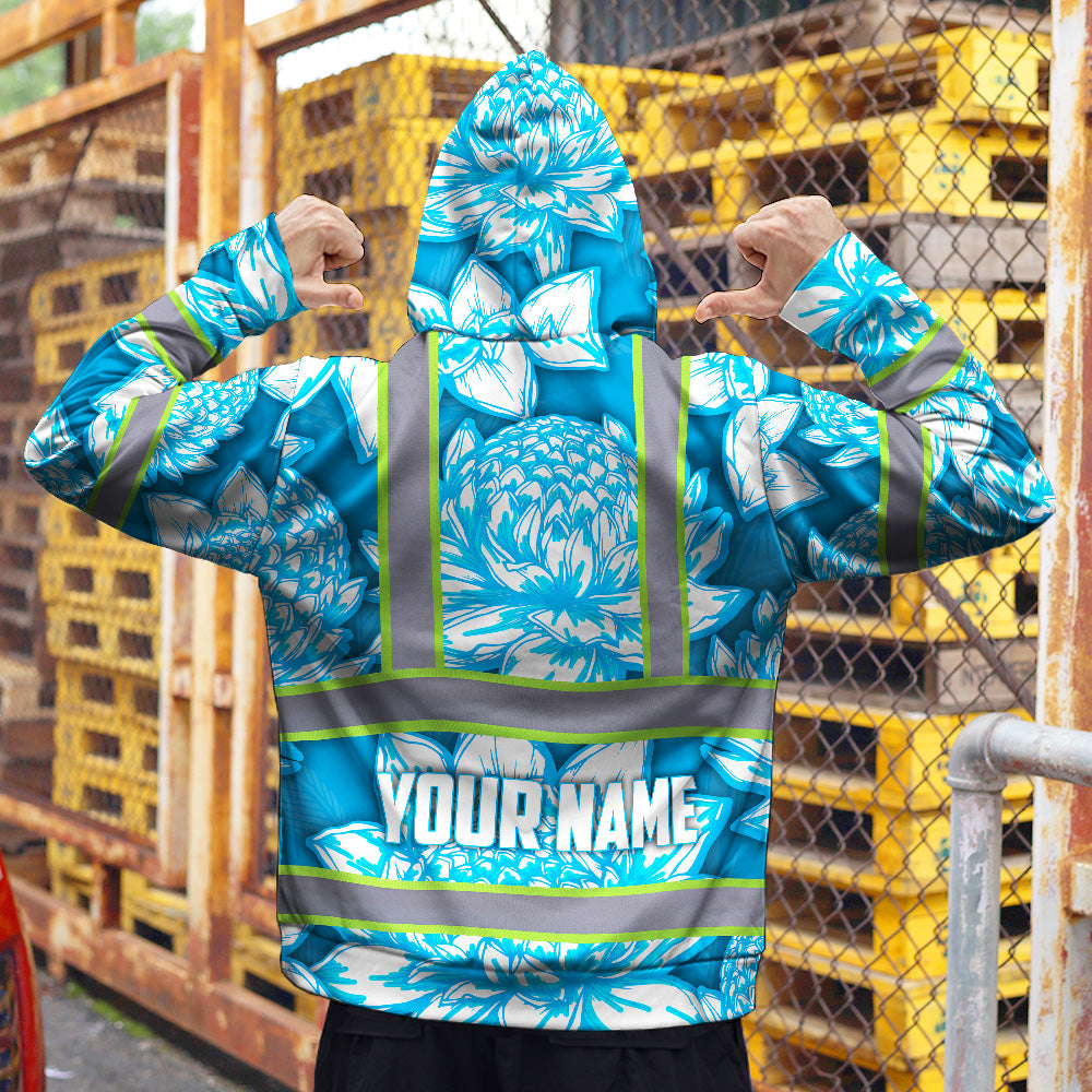 Hi Vis Zip Hoodie Reflective Tapes Blue Neon White Protea Custom Name Safety Workwear For Workers, Truckers, Operators