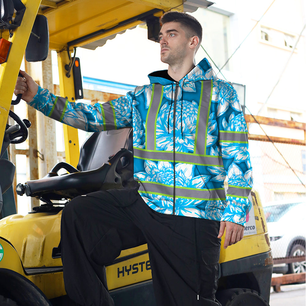 Hi Vis Zip Hoodie Reflective Tapes Blue Neon White Protea Custom Name Safety Workwear For Workers, Truckers, Operators