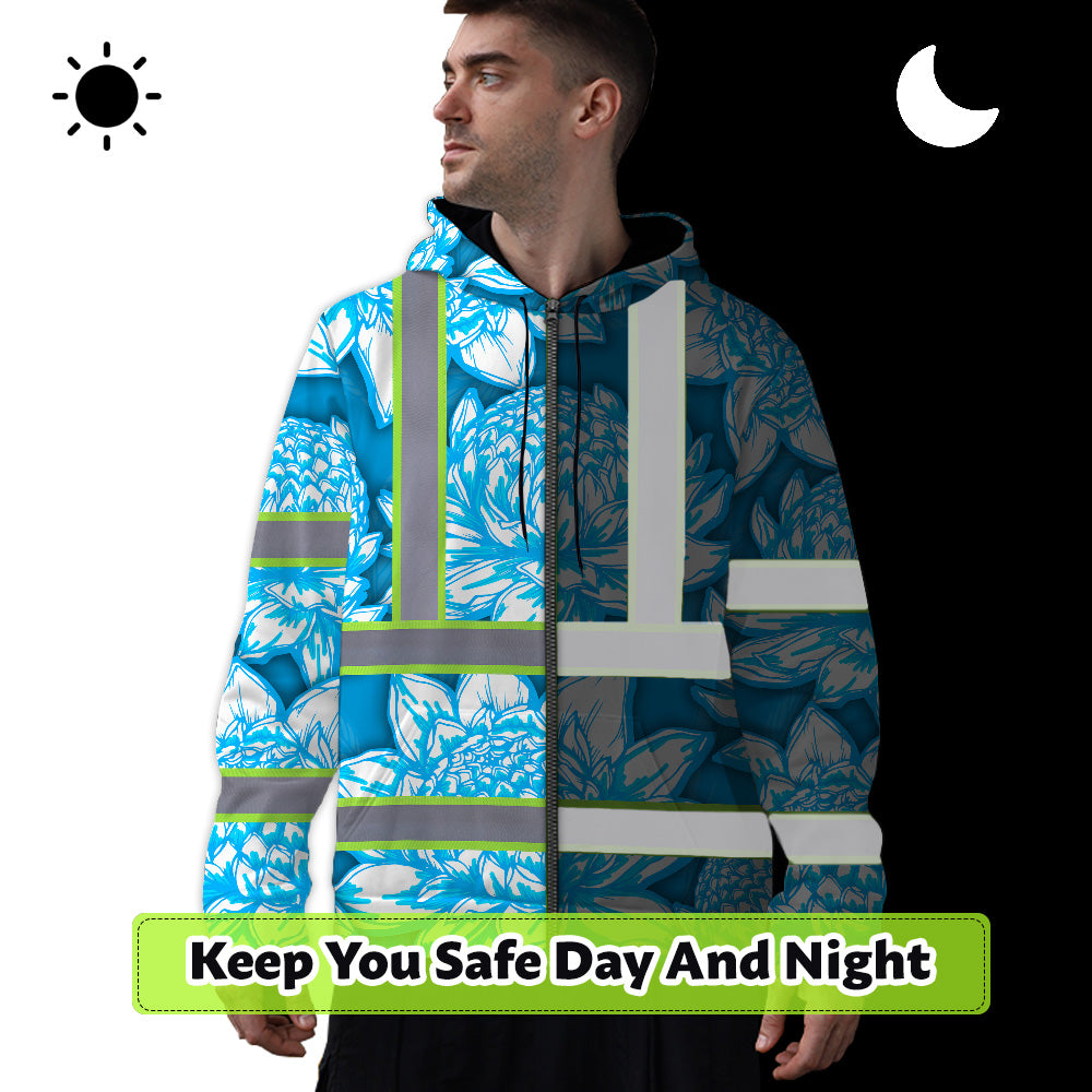 Hi Vis Zip Hoodie Reflective Tapes Blue Neon White Protea Custom Name Safety Workwear For Workers, Truckers, Operators