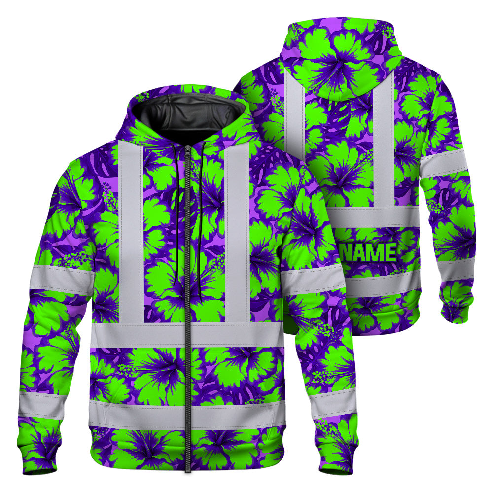 Hi Vis Zip Hoodie Reflective Tapes Green Neon And Violet Flowers Custom Name Safety Workwear For Workers, Truckers, Operators
