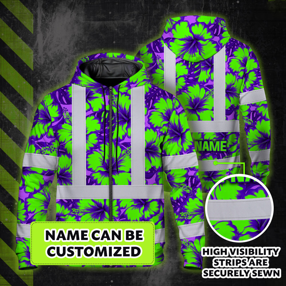 Hi Vis Zip Hoodie Reflective Tapes Green Neon And Violet Flowers Custom Name Safety Workwear For Workers, Truckers, Operators