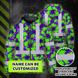 Hi Vis Zip Hoodie Reflective Tapes Green Neon And Violet Flowers Custom Name Safety Workwear For Workers, Truckers, Operators