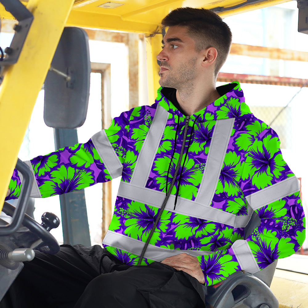 Hi Vis Zip Hoodie Reflective Tapes Green Neon And Violet Flowers Custom Name Safety Workwear For Workers, Truckers, Operators