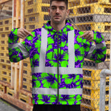 Hi Vis Zip Hoodie Reflective Tapes Green Neon And Violet Flowers Custom Name Safety Workwear For Workers, Truckers, Operators