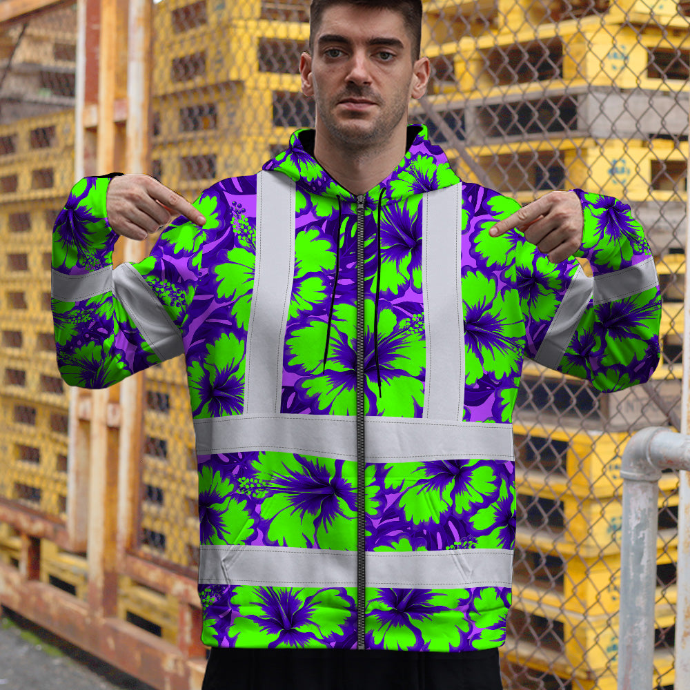 Hi Vis Zip Hoodie Reflective Tapes Green Neon And Violet Flowers Custom Name Safety Workwear For Workers, Truckers, Operators