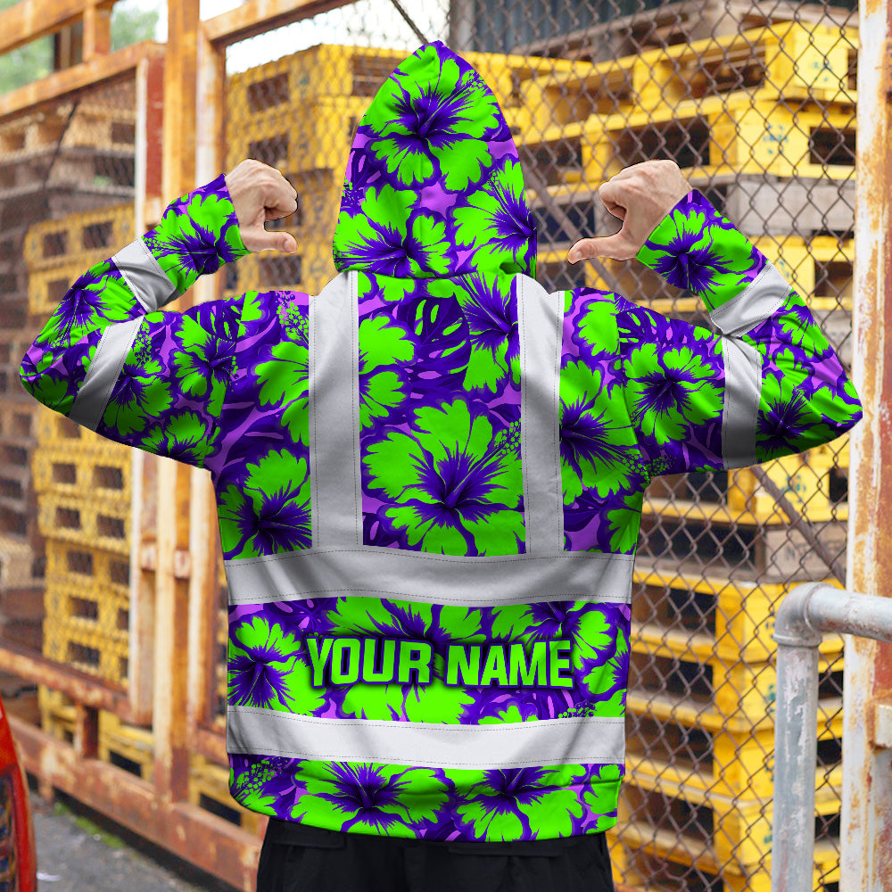 Hi Vis Zip Hoodie Reflective Tapes Green Neon And Violet Flowers Custom Name Safety Workwear For Workers, Truckers, Operators