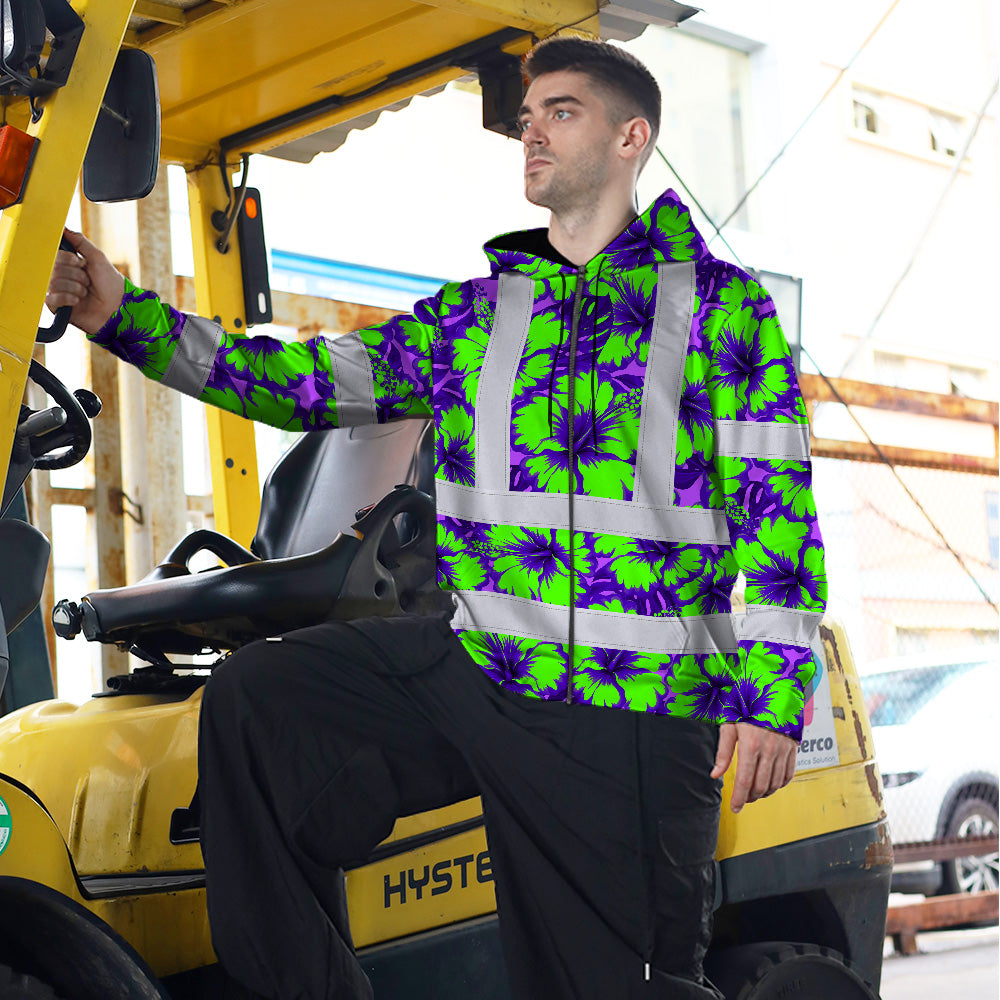 Hi Vis Zip Hoodie Reflective Tapes Green Neon And Violet Flowers Custom Name Safety Workwear For Workers, Truckers, Operators