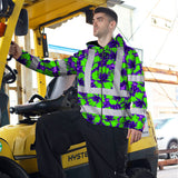 Hi Vis Zip Hoodie Reflective Tapes Green Neon And Violet Flowers Custom Name Safety Workwear For Workers, Truckers, Operators