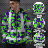 Hi Vis Zip Hoodie Reflective Tapes Green Neon And Violet Flowers Custom Name Safety Workwear For Workers, Truckers, Operators