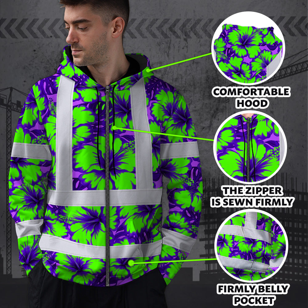 Hi Vis Zip Hoodie Reflective Tapes Green Neon And Violet Flowers Custom Name Safety Workwear For Workers, Truckers, Operators