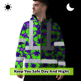 Hi Vis Zip Hoodie Reflective Tapes Green Neon And Violet Flowers Custom Name Safety Workwear For Workers, Truckers, Operators