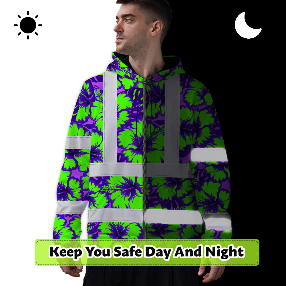 Hi Vis Zip Hoodie Reflective Tapes Green Neon And Violet Flowers Custom Name Safety Workwear For Workers, Truckers, Operators