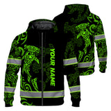 Hi Vis Zip Hoodie Reflective Tapes Green Neon Shark Hawaii Polynesian Custom Name Safety Workwear For Workers, Operator, Cyclists, Patriotic