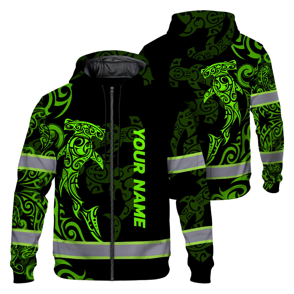 Hi Vis Zip Hoodie Reflective Tapes Green Neon Shark Hawaii Polynesian Custom Name Safety Workwear For Workers, Operator, Cyclists, Patriotic