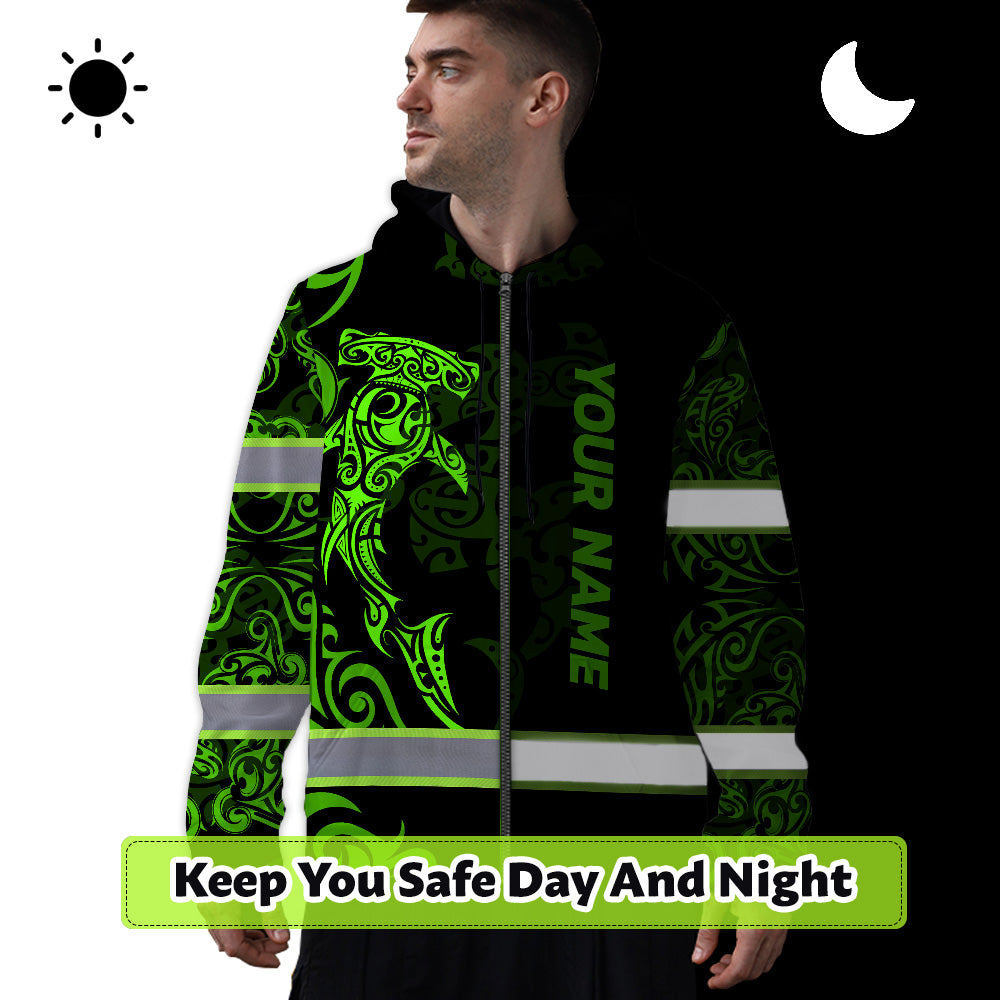 Hi Vis Zip Hoodie Reflective Tapes Green Neon Shark Hawaii Polynesian Custom Name Safety Workwear For Workers, Operator, Cyclists, Patriotic