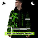 Hi Vis Zip Hoodie Reflective Tapes Green Neon Shark Hawaii Polynesian Custom Name Safety Workwear For Workers, Operator, Cyclists, Patriotic