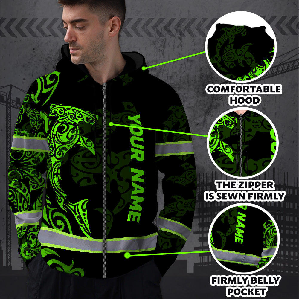 Hi Vis Zip Hoodie Reflective Tapes Green Neon Shark Hawaii Polynesian Custom Name Safety Workwear For Workers, Operator, Cyclists, Patriotic