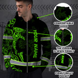 Hi Vis Zip Hoodie Reflective Tapes Green Neon Shark Hawaii Polynesian Custom Name Safety Workwear For Workers, Operator, Cyclists, Patriotic