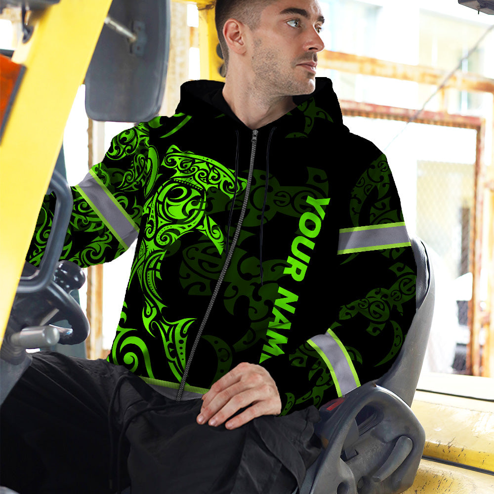Hi Vis Zip Hoodie Reflective Tapes Green Neon Shark Hawaii Polynesian Custom Name Safety Workwear For Workers, Operator, Cyclists, Patriotic