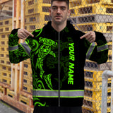 Hi Vis Zip Hoodie Reflective Tapes Green Neon Shark Hawaii Polynesian Custom Name Safety Workwear For Workers, Operator, Cyclists, Patriotic