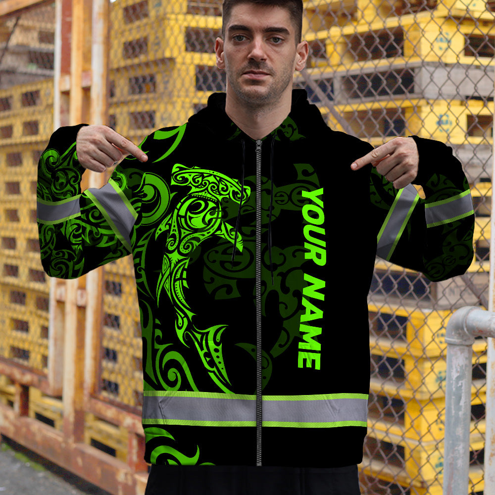 Hi Vis Zip Hoodie Reflective Tapes Green Neon Shark Hawaii Polynesian Custom Name Safety Workwear For Workers, Operator, Cyclists, Patriotic