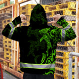 Hi Vis Zip Hoodie Reflective Tapes Green Neon Shark Hawaii Polynesian Custom Name Safety Workwear For Workers, Operator, Cyclists, Patriotic