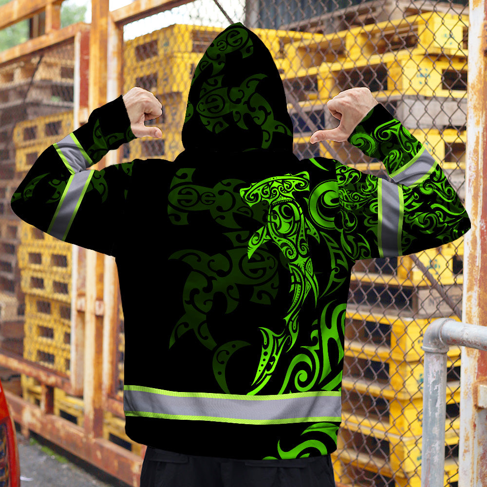 Hi Vis Zip Hoodie Reflective Tapes Green Neon Shark Hawaii Polynesian Custom Name Safety Workwear For Workers, Operator, Cyclists, Patriotic