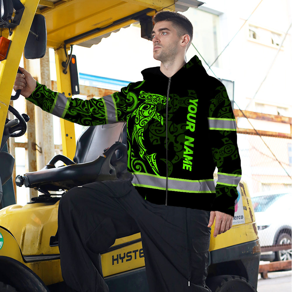 Hi Vis Zip Hoodie Reflective Tapes Green Neon Shark Hawaii Polynesian Custom Name Safety Workwear For Workers, Operator, Cyclists, Patriotic