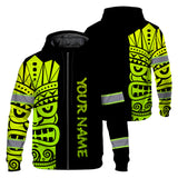 Hi Vis Zip Hoodie Reflective Tapes Green Neon Tiki Hawaii Polynesian Custom Name Safety Workwear For Workers, Operator, Cyclists, Patriotic