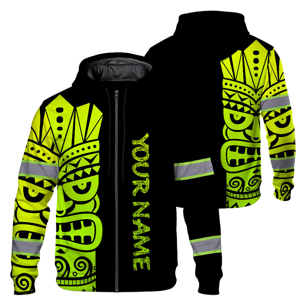 Hi Vis Zip Hoodie Reflective Tapes Green Neon Tiki Hawaii Polynesian Custom Name Safety Workwear For Workers, Operator, Cyclists, Patriotic