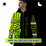 Hi Vis Zip Hoodie Reflective Tapes Green Neon Tiki Hawaii Polynesian Custom Name Safety Workwear For Workers, Operator, Cyclists, Patriotic