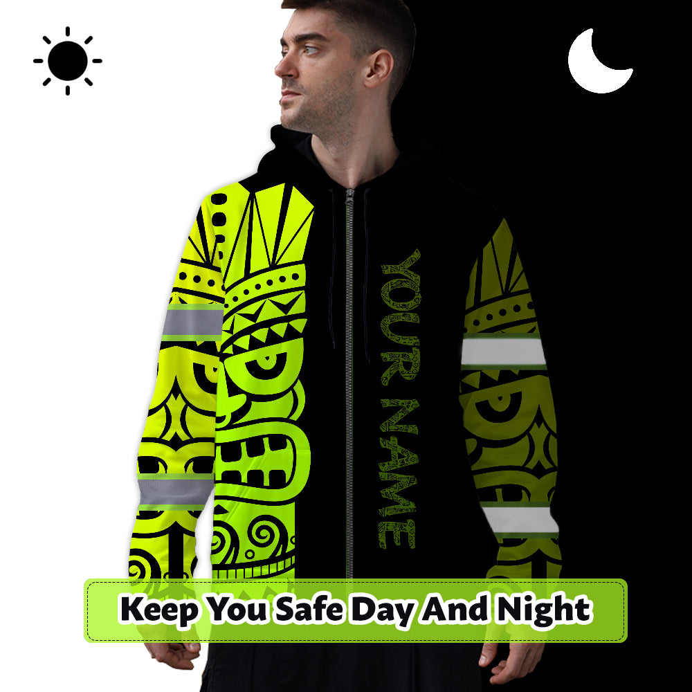 Hi Vis Zip Hoodie Reflective Tapes Green Neon Tiki Hawaii Polynesian Custom Name Safety Workwear For Workers, Operator, Cyclists, Patriotic