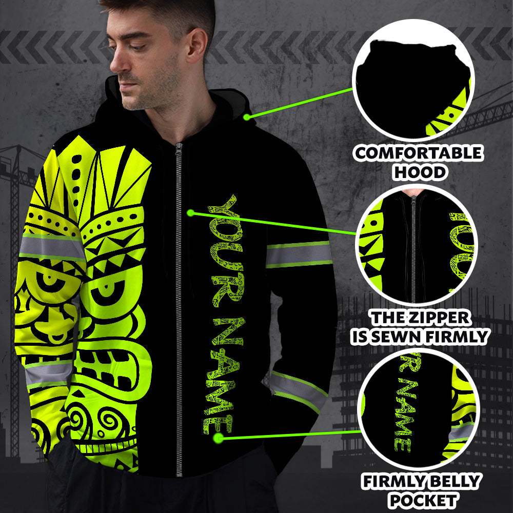 Hi Vis Zip Hoodie Reflective Tapes Green Neon Tiki Hawaii Polynesian Custom Name Safety Workwear For Workers, Operator, Cyclists, Patriotic