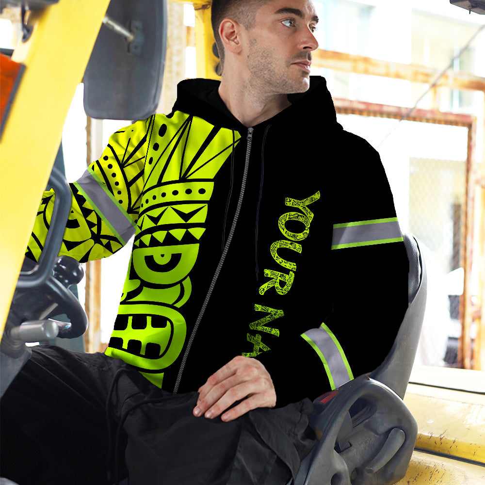 Hi Vis Zip Hoodie Reflective Tapes Green Neon Tiki Hawaii Polynesian Custom Name Safety Workwear For Workers, Operator, Cyclists, Patriotic