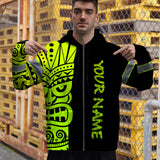Hi Vis Zip Hoodie Reflective Tapes Green Neon Tiki Hawaii Polynesian Custom Name Safety Workwear For Workers, Operator, Cyclists, Patriotic