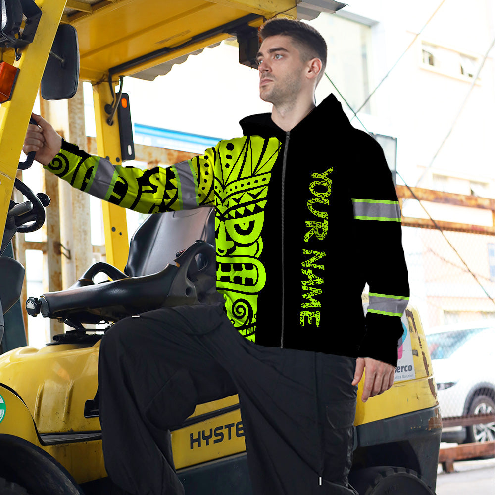 Hi Vis Zip Hoodie Reflective Tapes Green Neon Tiki Hawaii Polynesian Custom Name Safety Workwear For Workers, Operator, Cyclists, Patriotic
